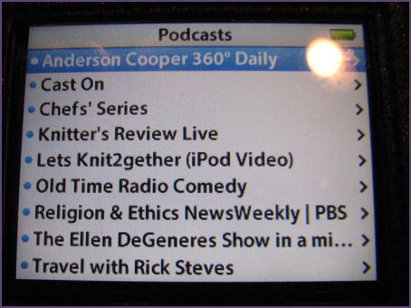 Closeup of podcast listings on iPod