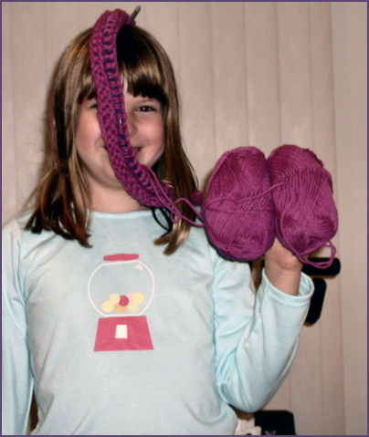 Diana with knitting project on her head