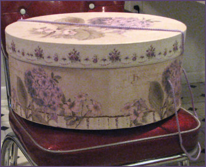 cardboard round hat box with floral print on the outside