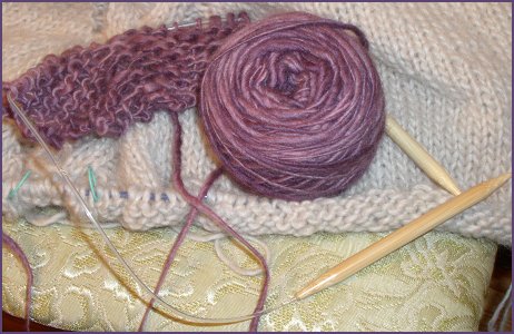 skein of rio de la plata yarn with project started on wooden needles