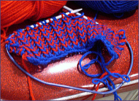 red and blue brioche stitch scarf