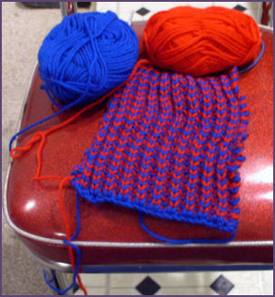 red and blue striped scarf