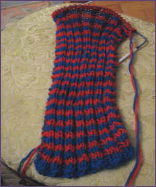 red and blue ribbed scarf