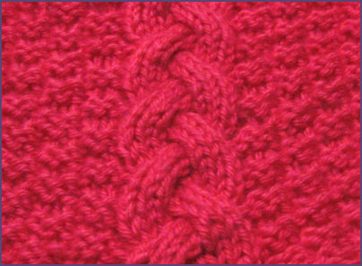 closeup of cable plait and double moss stitch