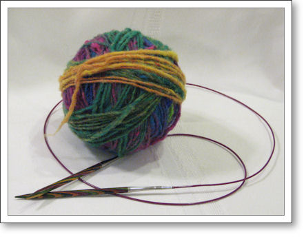 ball of multicolored wool with circular needle