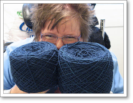 Trish with navy blue yarn all balled up Trish with navy blue yarn all balled up