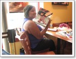 Stacy is reading up on sock knitting. Stacy is reading up on sock knitting.