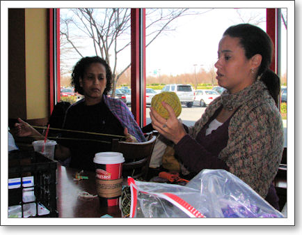 Jen and Heather winding yarn Jen and Heather winding yarn