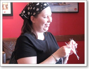 Julie, another first timer, is also working on sock--from her own handspun!