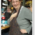 Jackie shows off her dropped-stitch scarf