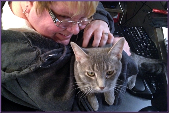 Clyde the cat sits on Trish's keyboard.