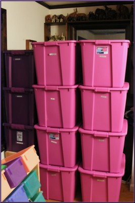 pink and purple yarn bins